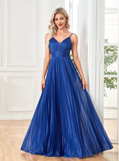 Royal Blue Straps Pleats Prom Dress