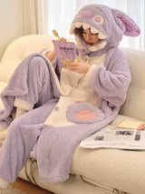 Purple Velvet Padded Nightgown Hooded Long Bathrobe