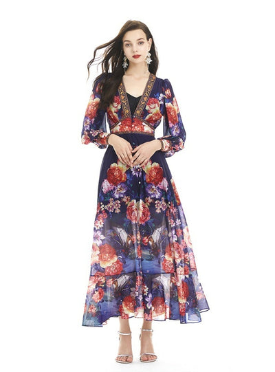 Lantern Sleeve Printed Chiffon Dress