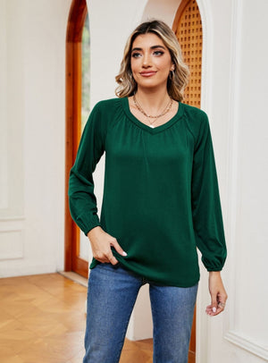 Solid Color V-neck Loose Long Sleeve T-shirt