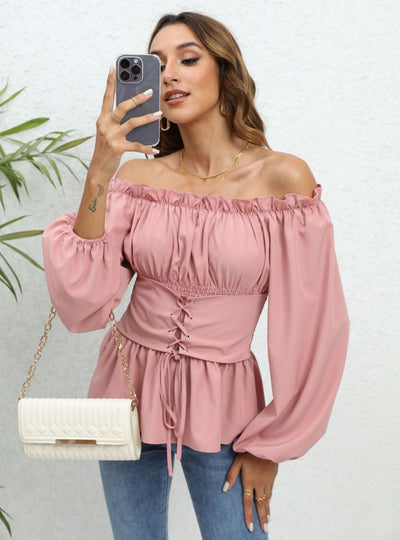 Pleated Lantern Sleeve Long Sleeve Shirt Top