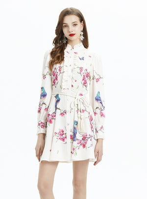 Lantern Sleeve Printed Long-sleeved Ruffled Dress