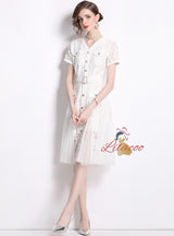 Lace Stitching Mesh Button V-neck Dress