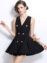 Black V-neck Sleeveless Button Dress