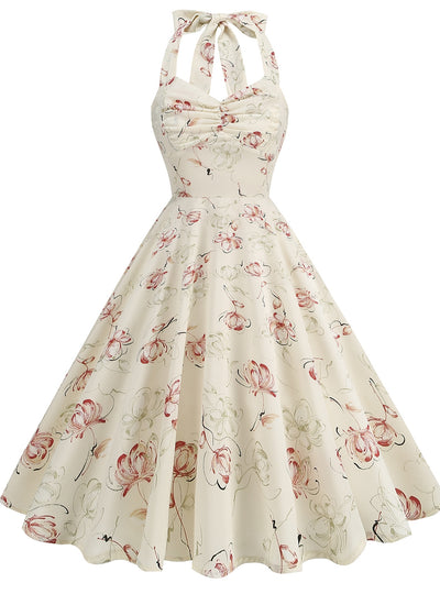 Retro Hepburn Rose Print Halter Dress