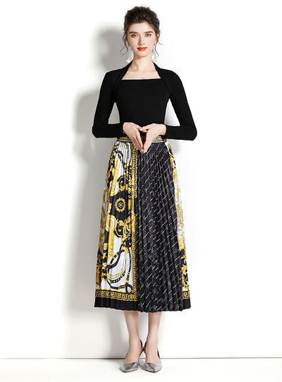 Retro Square Neck Long Sleeve Top+Printed Pleated Skirt Suit