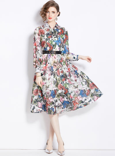 Lace Collar Butterfly Print Long Sleeve Cotton Dress