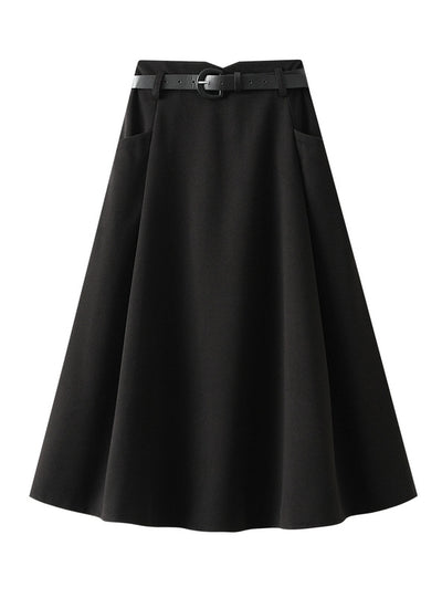 Women Pocket Woolen Skirt With Belt