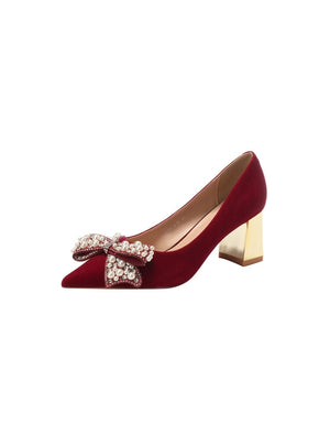 Red Thick Heel Bow Wedding Shoes