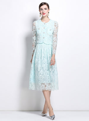 Long Sleeve Lace Skirt Two-piece Suit