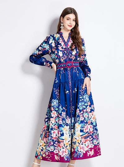 Retro Printed Shirt Lantern Long Sleeve Dress