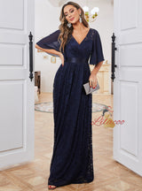 Navy Blue Lace V-neck Prom Dress