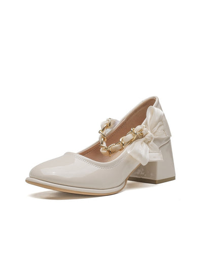 Retro Mary Jane Thick Heel Bow Chain Shoes