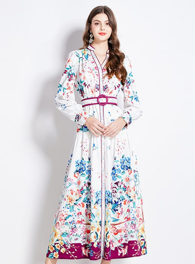 Retro Printed Shirt Lantern Long Sleeve Dress