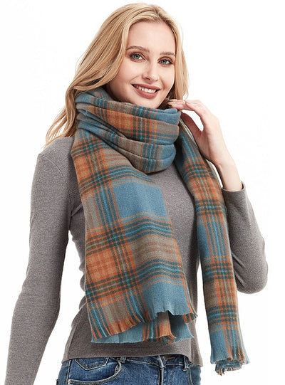 Women Retro Blue Plaid Scarf