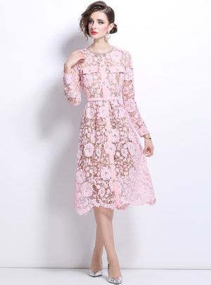 Lace Heavy Industry Beaded Short Sleeve Lapel Slim Dress