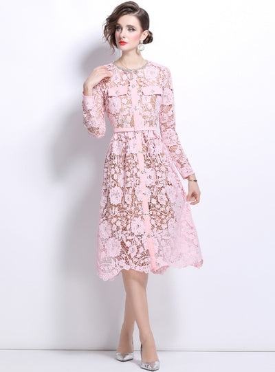 Lace Heavy Industry Beaded Short Sleeve Lapel Slim Dress