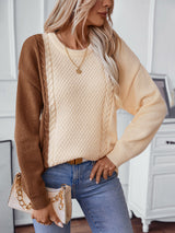 Contrast Round Neck Twisted Long Sleeve Sweater