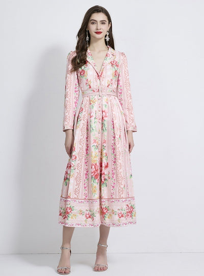 Holiday Floral Print Long Sleeve Long Dress