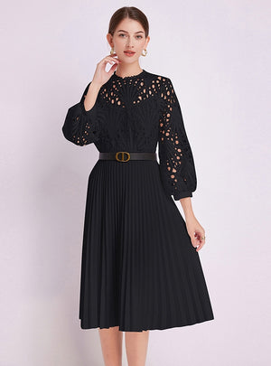 Lace Crocheted Openwork Pleated Dress with Belt