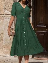 Solid Color V-neck Short Sleeve Summer Dress