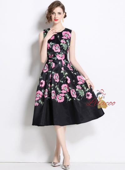 Retro Slim Sleeveless Print Long Dress