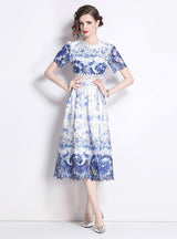 Slim and Hollow Lace Print Medium Length Dress