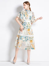 Lotus Leaf Sleeve Slim Waist Print Dress