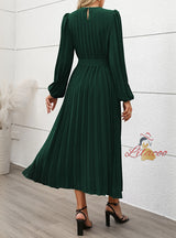 Long Sleeve Pleated Round Neck High Waist Dress