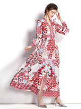 V-neck Retro Long-sleeved Printed Dress