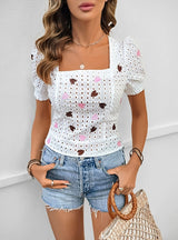 Bubble Sleeve Heart Square Collar Shirt