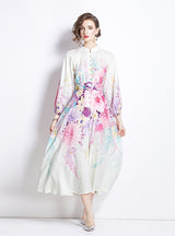 Retro Stand-up Lantern Sleeve Printed Dress