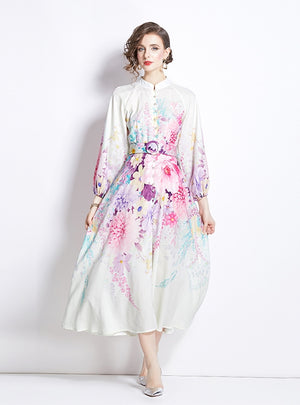 Retro Stand-up Lantern Sleeve Printed Dress