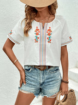 Casual V-neck Embroidered Shirt