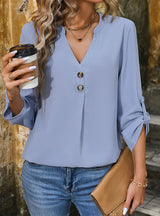 V-neck Button-up Solid Color Shirt