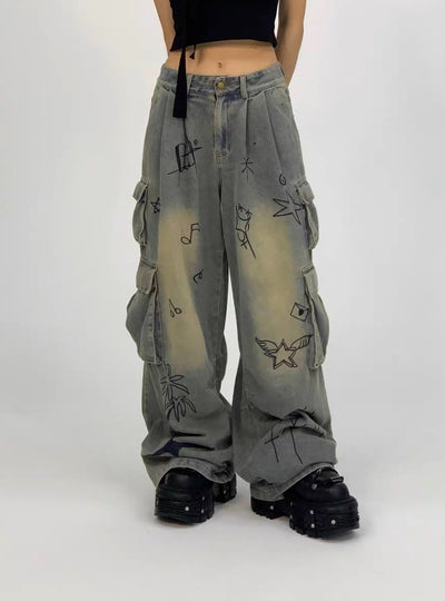 Retro Low Waist Graffiti Cartoon Wide Leg Jeans