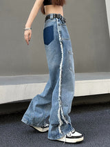 Pocket Wide-leg Raw Edges Pants Jeans