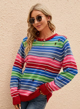 Long-sleeved Round Neck Striped Holes Sweater