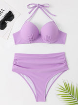 Solid Color High Waist Steel Plate Gathered Swimsuit