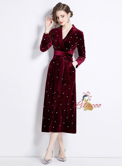 Hot Rhinestone Velvet V-neck Slim Dress