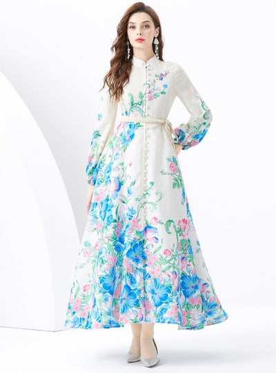 Retro Stand-up Collar Single-breasted Printed Long Dress