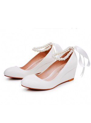 5 cm White Beaded Platform Wedge Shoes