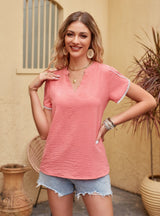 V-neck Chiffon Lace Short Sleeve Shirt