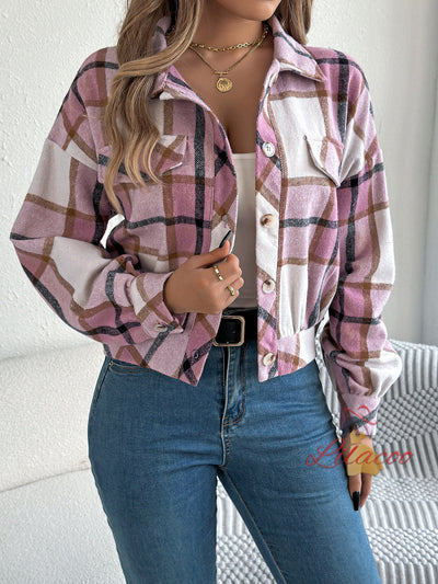 Plaid Fake Pocket Long Sleeve Jacket Coat