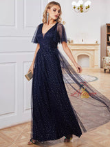 Navy Blue Tulle Sequins V-neck Prom Dress