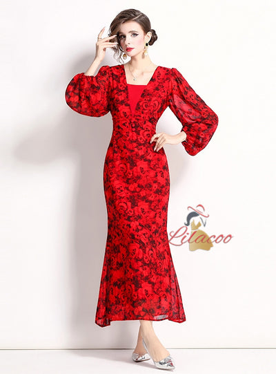 Red Long Sleeve Print Dress