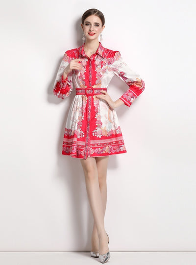 Retro Shirt Print Long Sleeve Dress