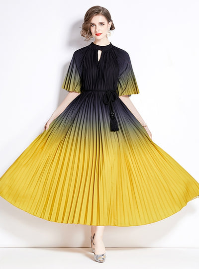 Fashion Gradient Print Pleated Long Dress