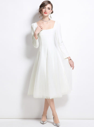 Square Neck Puff Sleeve Stitching Mesh Dress