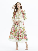 Lantern Sleeve Floral Print Long-sleeved Ruffled Dress